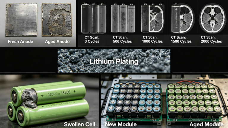 Lithium-ion battery degradation real comparison, new cells vs aged cells with lithium plating, SEI layer growth and swelling, guide for B2B battery buyers