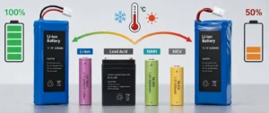 Featured blog image for lithium battery self-discharge guide, compare power loss speed between full 100% charge and 50% storage SOC, different rechargeable battery chemistry comparison