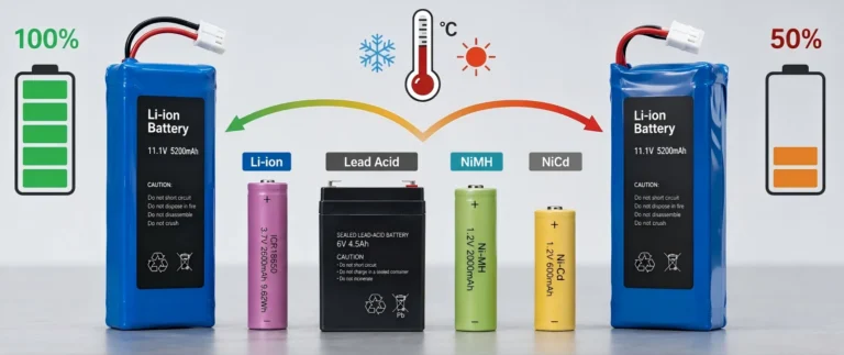 Featured blog image for lithium battery self-discharge guide, compare power loss speed between full 100% charge and 50% storage SOC, different rechargeable battery chemistry comparison