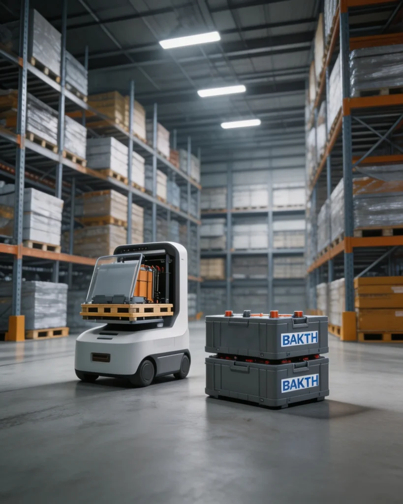 Custom BAKTH lithium battery packs for AGV and AMR robots in smart warehouse