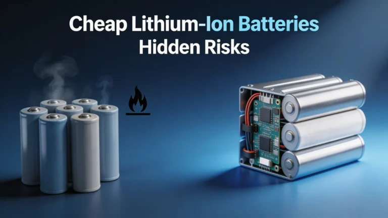 Visual comparison exposing hidden safety risks of cheap unbranded lithium-ion cells versus reliable certified lithium battery packs equipped with intelligent BMS protection, industrial B2B featured graphic for battery industry blog.