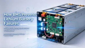 Lithium battery pack with BMS module and tech circuit graphic, illustration for battery procurement guide on BMS battery failure protection