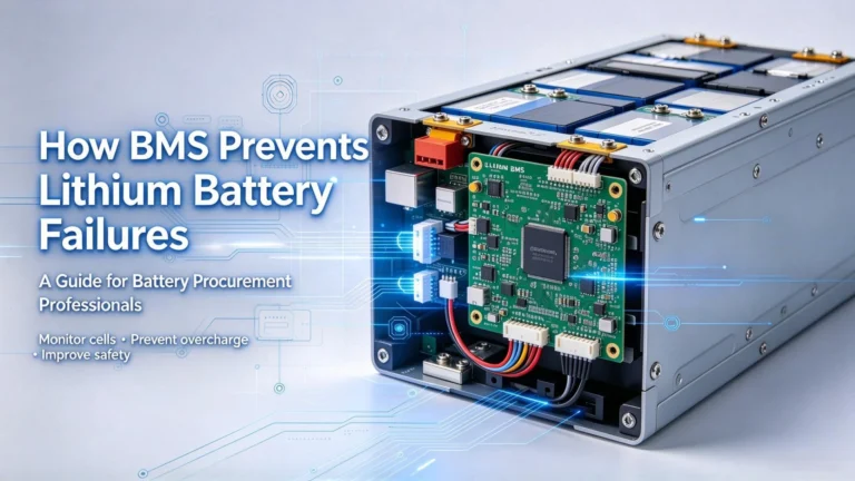 Lithium battery pack with BMS module and tech circuit graphic, illustration for battery procurement guide on BMS battery failure protection