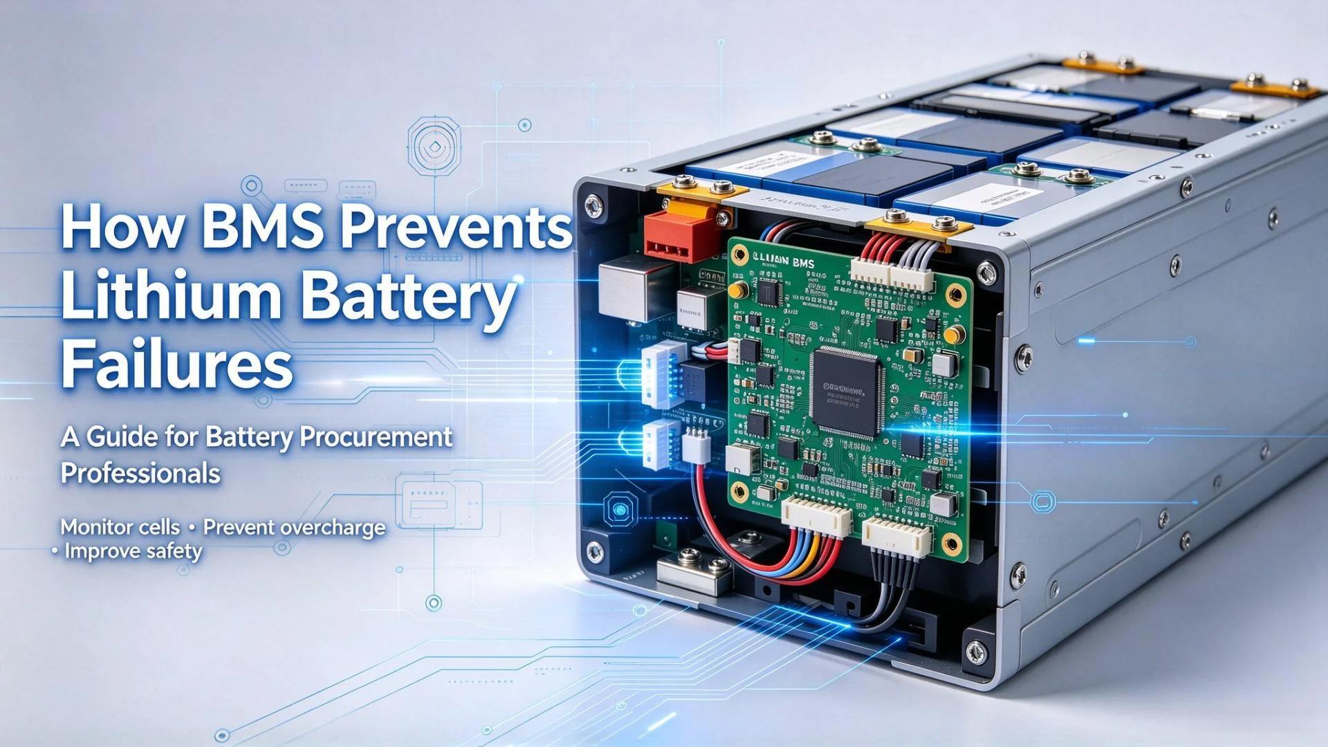 Lithium battery pack with BMS module and tech circuit graphic, illustration for battery procurement guide on BMS battery failure protection