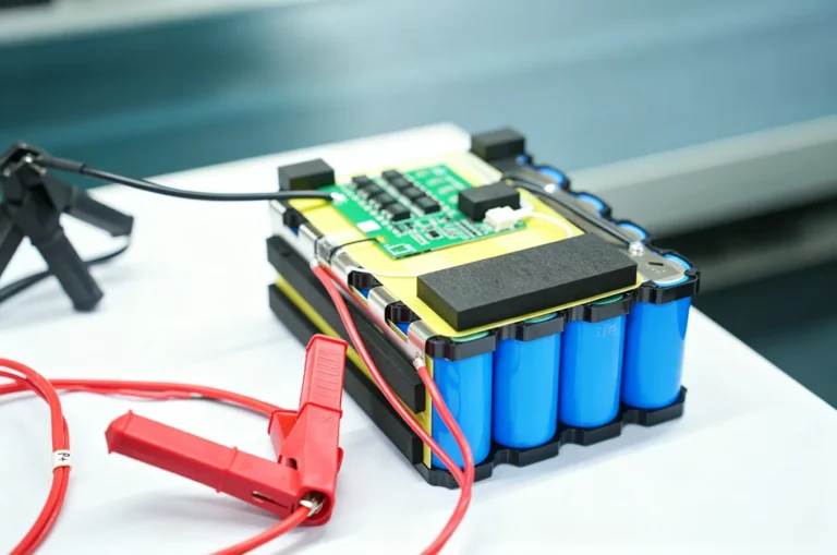 Cross‑section diagram of lithium battery pack showing internal aging zones, BMS module on side, illustrating lithium‑ion battery performance degradation