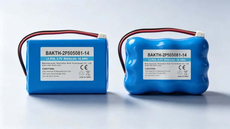 Side‑by‑side visual comparison of intact flat lithium‑ion battery pack and slightly swollen puffed battery pack, illustrates early‑stage battery puffing warning signs