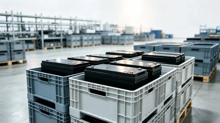 Stacked lithium battery packs stored inside anti‑static warehouse bins, illustrating best practices for lithium‑ion battery long‑term storage, calendar aging and cell imbalance prevention