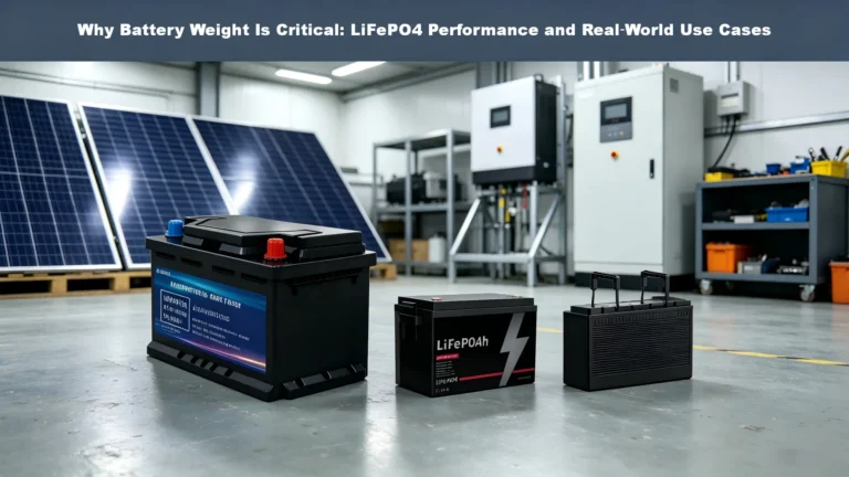 LiFePO4 lithium iron phosphate battery pack, compare weight and performance vs lead‑acid and NMC batteries for solar, RV and off‑grid energy storage